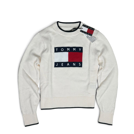 Tommy Jeans Pullover Intarsia Flag Badge Weiß Relaxed Fit